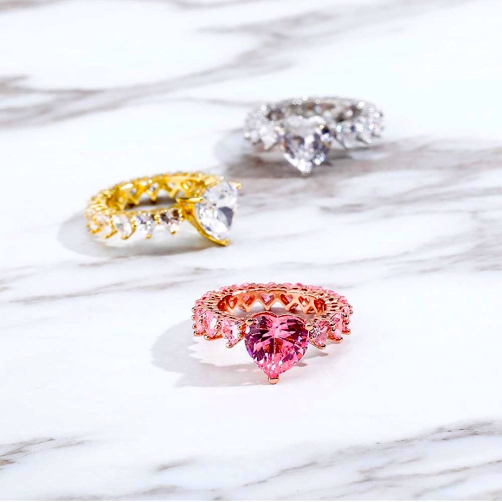 Beautiful Engagement Promise Ring Pink, Gold White Crystal Diamond Ring